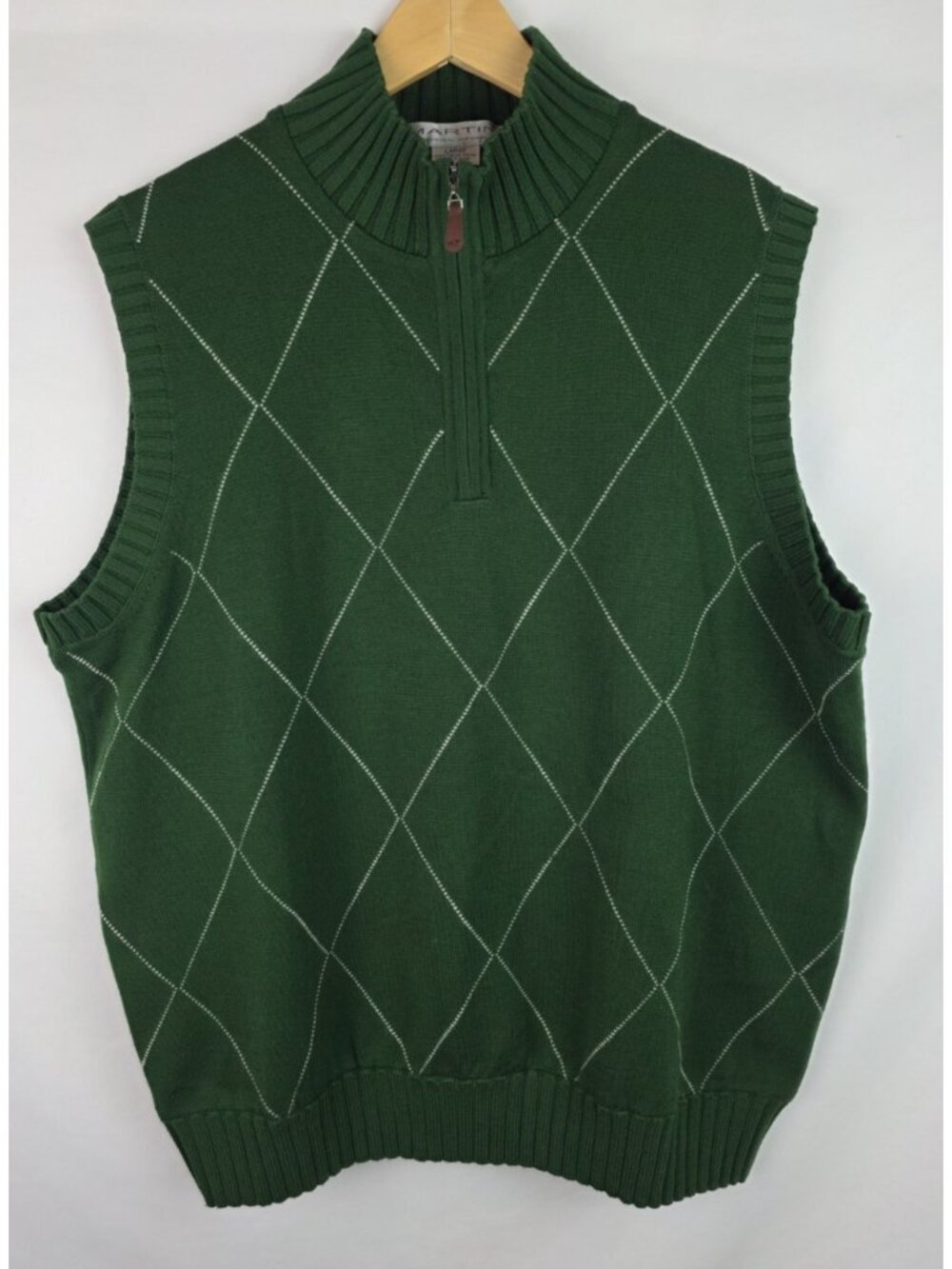 Martin Men's Sweater Vest Large Green Argyle Italian Merino Wool Knit 1/4 Zip